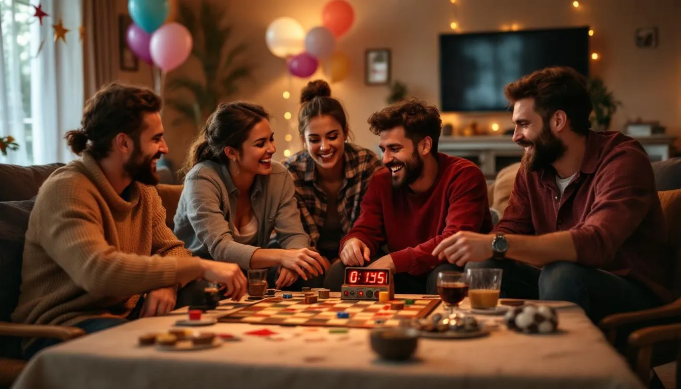 Spiele zur Party: Die besten 25 Ideen für unvergessliche Feiern 1 Eine Gruppe von Freunden spielt gemeinsam verschiedene Partyspiele auf einer Feier, während sie viel Spaß haben und die Stimmung fröhlich ist. Die Teilnehmer sitzen zusammen und interagieren lebhaft, was die Atmosphäre der Geburtstagsparty lebendig macht.