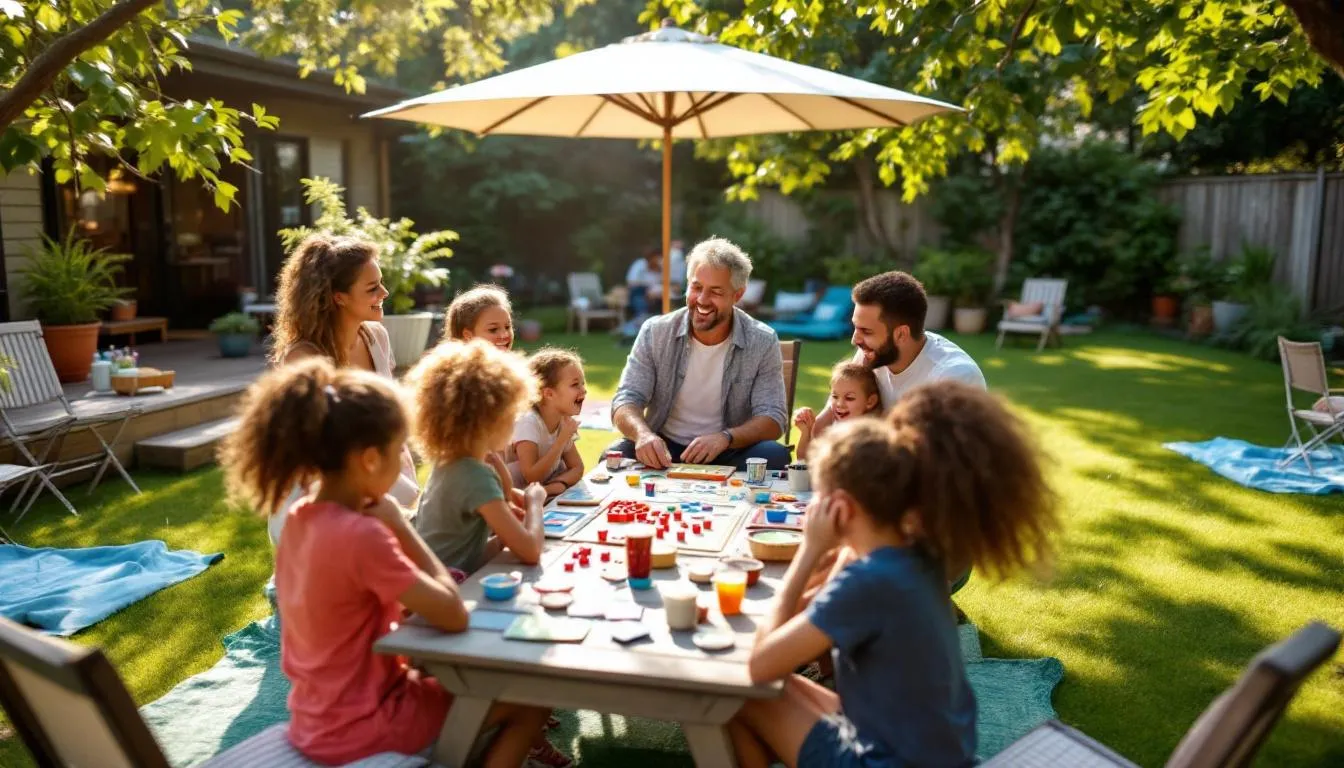 In einem sonnigen Garten spielen Erwachsene verschiedene Partyspiele wie Scharade und Kartenspiele, während sie fröhlich lachen und sich unterhalten. Die Atmosphäre ist lebhaft und einladend, ideal für eine Geburtstagsparty oder Feier mit Freunden und Familie.
