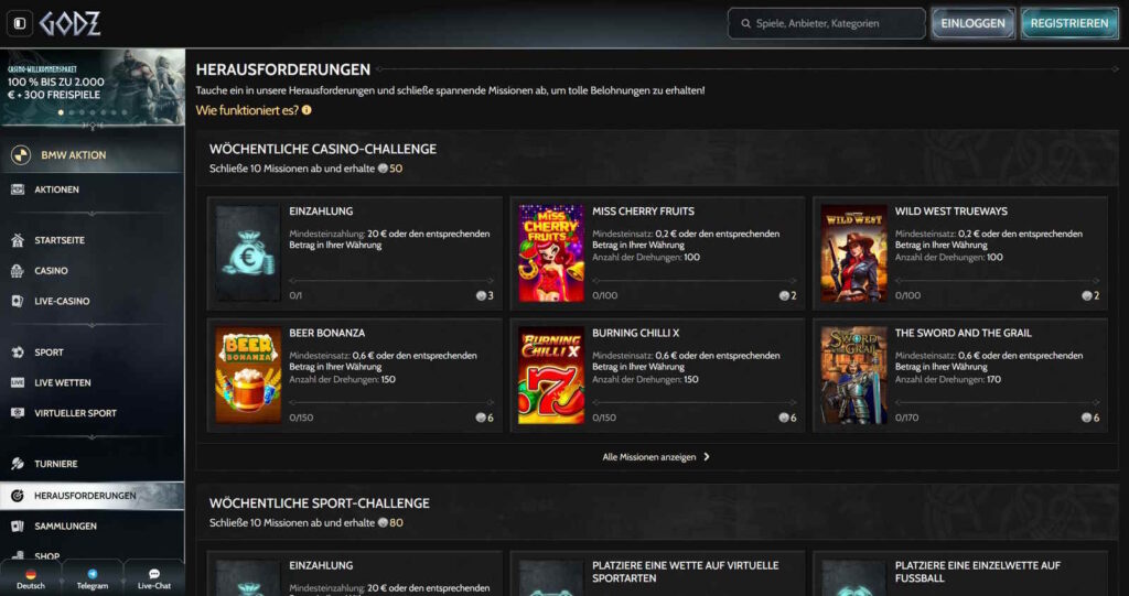 Godz Casino Herausforderungen Challenge